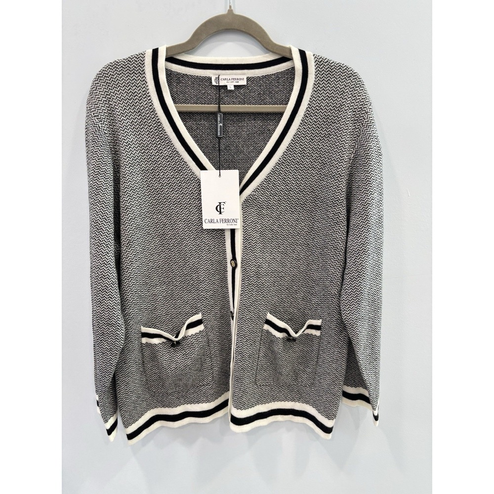 Carla Ferroni Black White Knit Cardigan Sweater Size Large NWT Quiet Luxury
